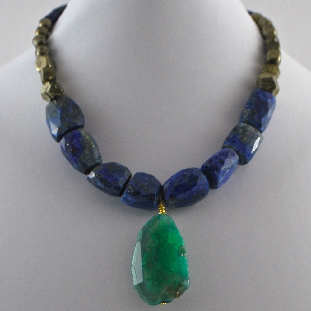 Turquoise pyrite and lapis stone statement necklace